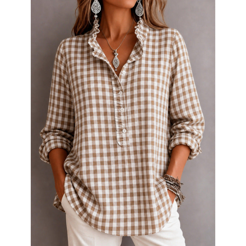 Women Checked Blouse Top with Ruffled Collar and Half Button Placket Shop Velvia