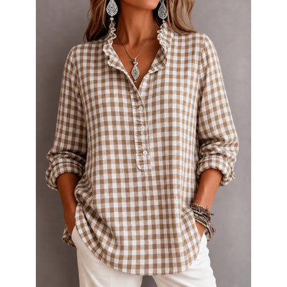 Women Checked Blouse Top with Ruffled Collar and Half Button Placket Shop Velvia