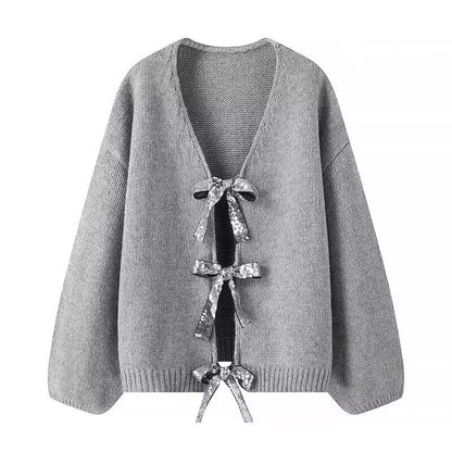 Women's Oversized Knit Cardigan with V-Neck and Sequin Bows Shop Velvia