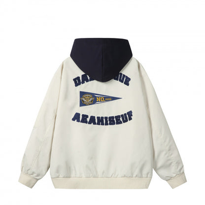Men's college bomber jacket in oversized style with hood insert and logo patch Shop Velvia