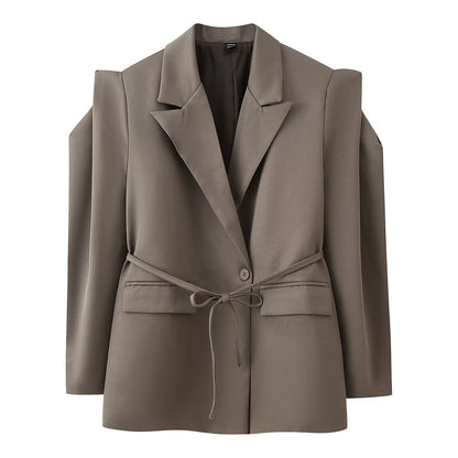 Women's blazer with shoulder cutouts, belted waist and single button closure Shop Velvia