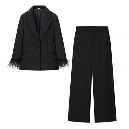 Women's Tailored Suit with Feather Cuffs and Straight-Leg Trousers Shop Velvia