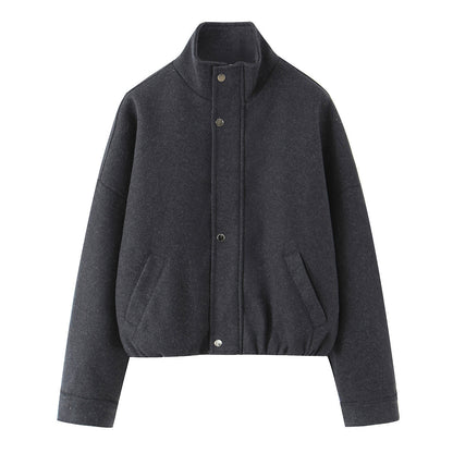 Women's short-cut wool blouson jacket with stand-up collar, snap button placket, and elastic hem Shop Velvia