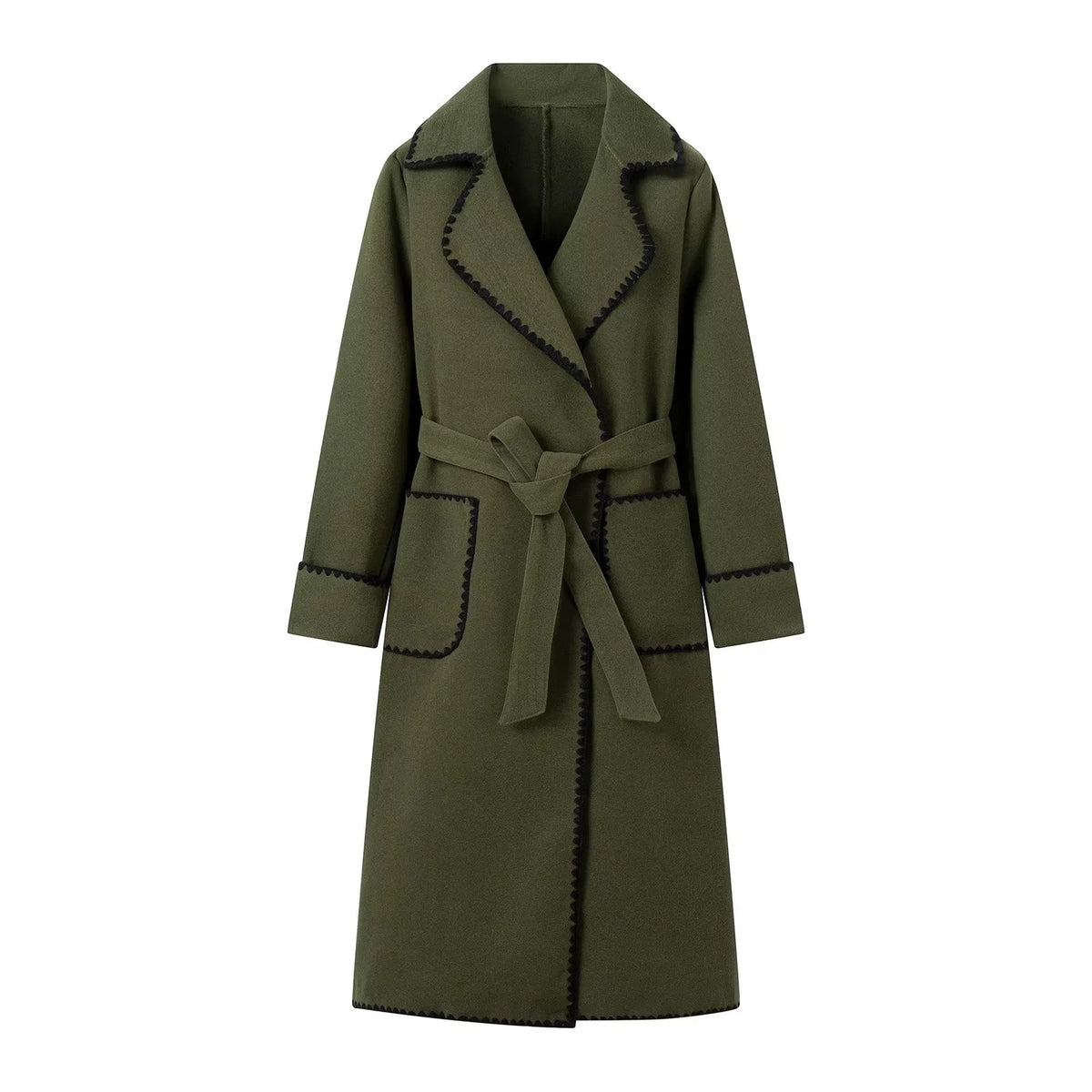 Women Tailored Wrap Coat made of Wool Blend with Decorative Wave Trim and Tied Belt Shop Velvia