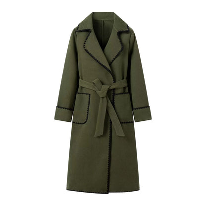 Women Tailored Wrap Coat made of Wool Blend with Decorative Wave Trim and Tied Belt Shop Velvia