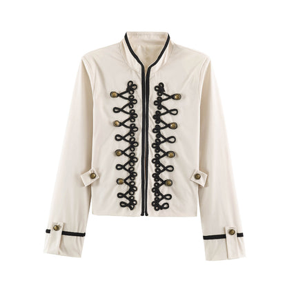 Women's Short Military Style Jacket with Ornamental Cord and Button Decoration Shop Velvia