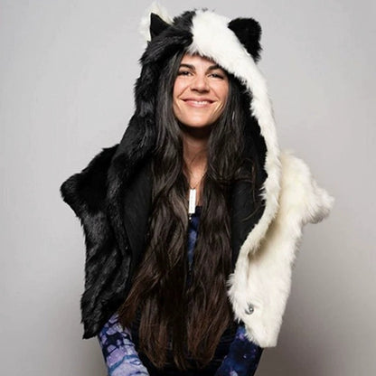 Women’s hooded stole made of faux fur with animal ears and asymmetric cape Shop Velvia
