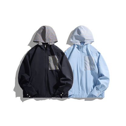 Unisex Lightweight Hooded Transition Jacket with Checkered Pattern Lining and Chest Pocket Shop Velvia