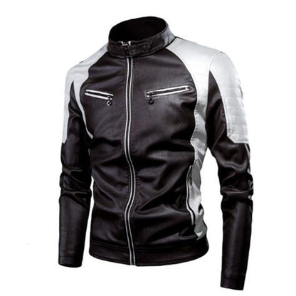 Men's Slim Fit Motorcycle Faux Leather Jacket with Contrast Panels, Quilted Shoulders and Zipper Pockets Shop Velvia