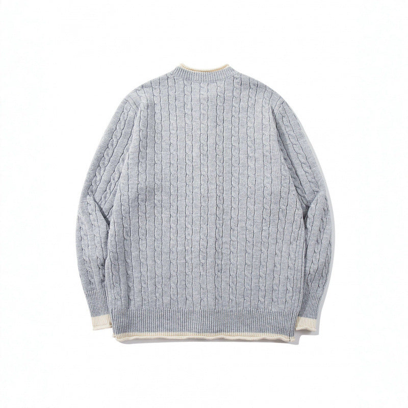 Unisex fine knit cardigan with cable pattern, round neck and contrast trim Shop Velvia