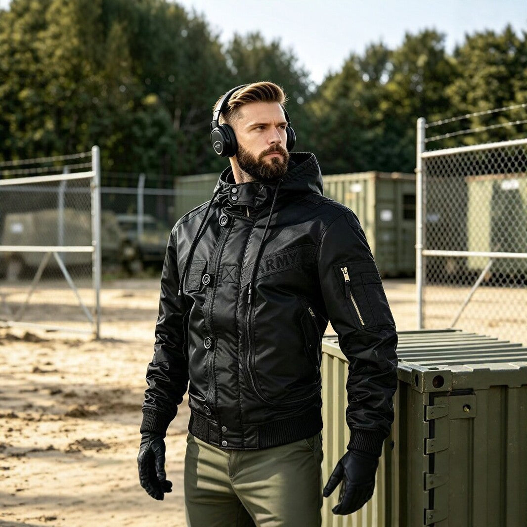 Men's Military-Inspired Hooded Bomber Jacket with Utility Pockets Shop Velvia