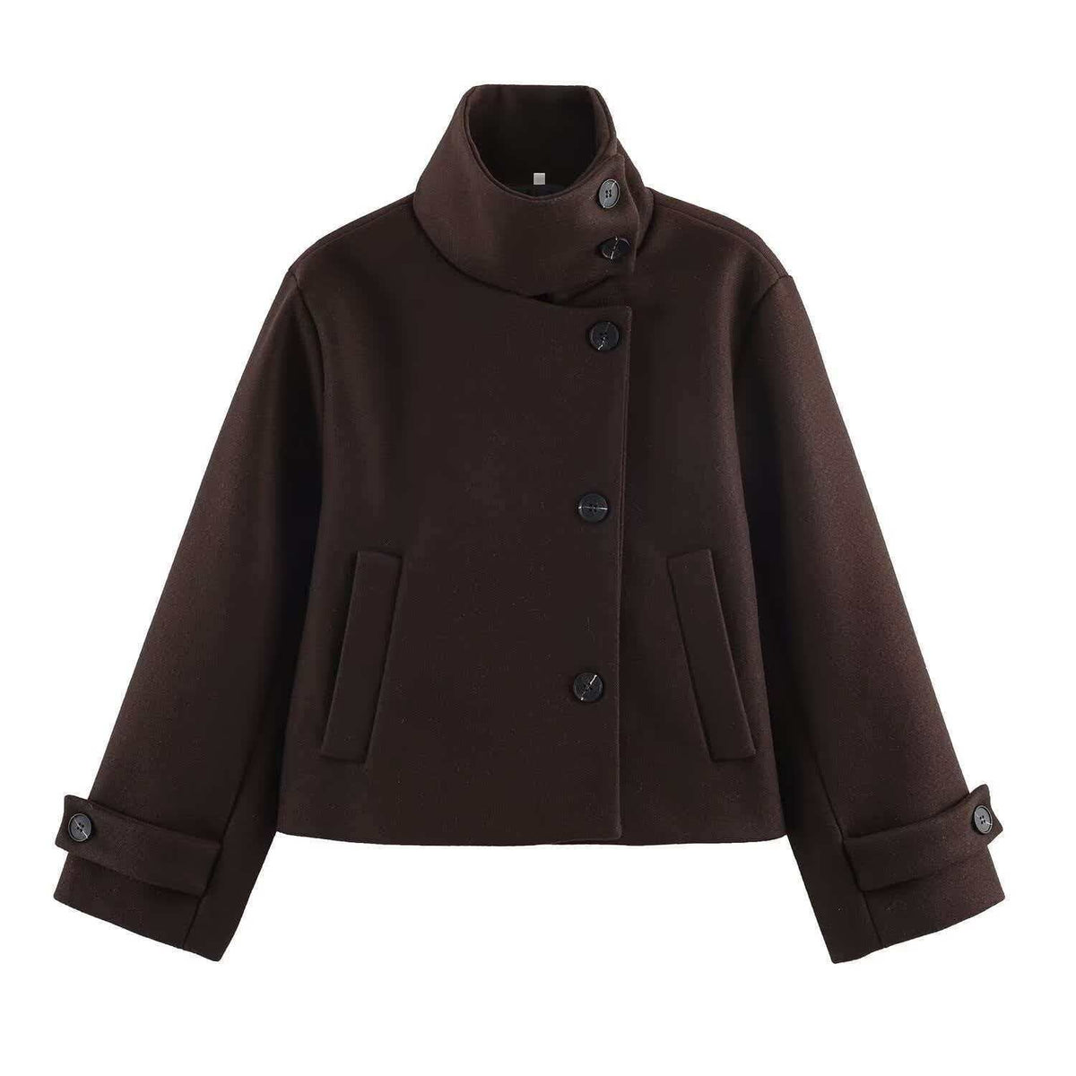 Ladies' short wool coat with high stand-up collar, asymmetrical button placket, and adjustable cuff straps Shop Velvia
