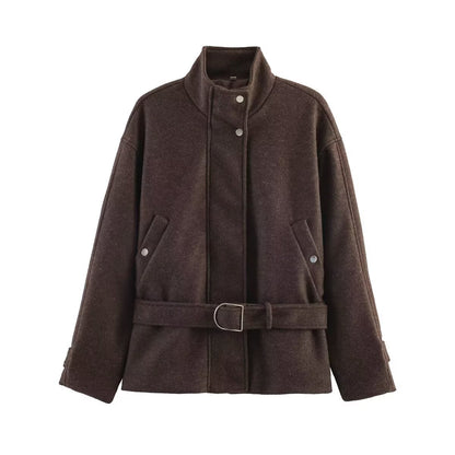Women's short jacket made of wool blend with waistband, stand-up collar and flap pockets Shop Velvia