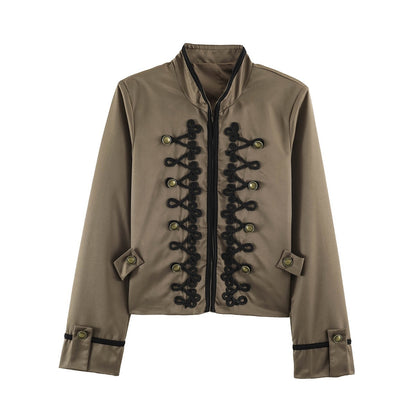 Women's Short Military Style Jacket with Ornamental Cord and Button Decoration Shop Velvia
