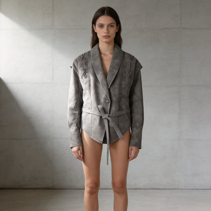 Women's Tailored Suede Blazer with Tie Belt and Lacing Detail Shop Velvia