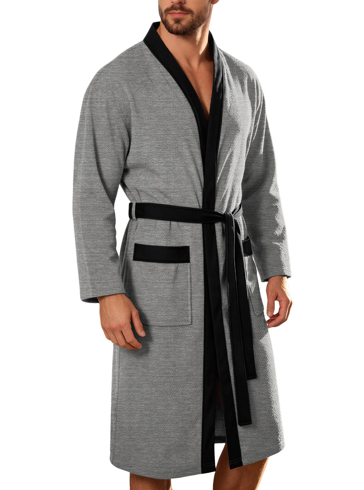Men's lightweight cotton kimono bathrobe with waffle texture and patch pockets Shop Velvia