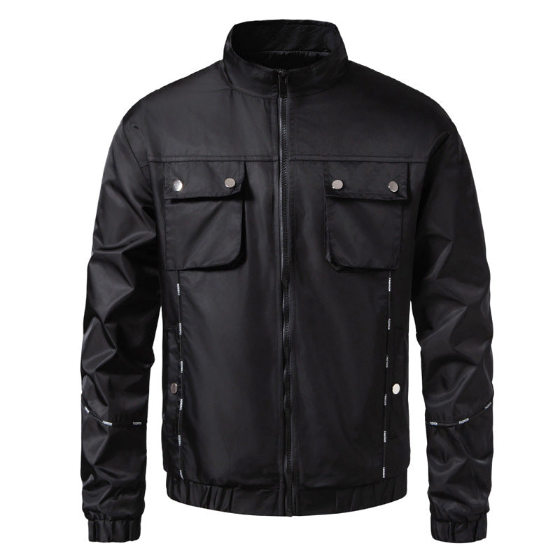 Men's Lightweight Utility Bomber Jacket with Flap Pockets, Stand-Up Collar, and Elastic Hem Shop Velvia