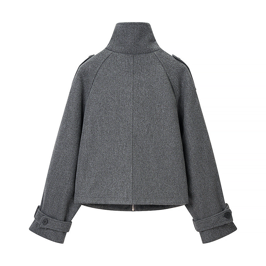 Women's short cut wool blend cropped jacket with stand-up collar, epaulettes, and adjustable sleeve straps Shop Velvia