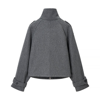 Women's short cut wool blend cropped jacket with stand-up collar, epaulettes, and adjustable sleeve straps Shop Velvia