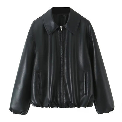 Women's Oversize Faux Leather Bomber with Shirt Collar, Concealed Zipper and Balloon Sleeves Shop Velvia