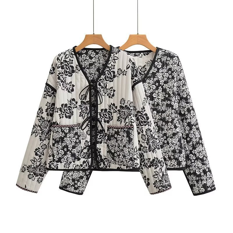 Women's Quilted Short Jacket with Floral Allover Print and Tie Ribbons Shop Velvia