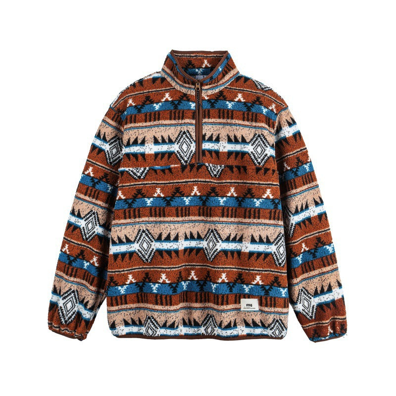 Unisex Fleece Pullover Half Zip with Aztec Pattern and High Stand-Up Collar Shop Velvia
