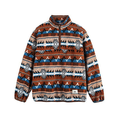 Unisex Fleece Pullover Half Zip with Aztec Pattern and High Stand-Up Collar Shop Velvia