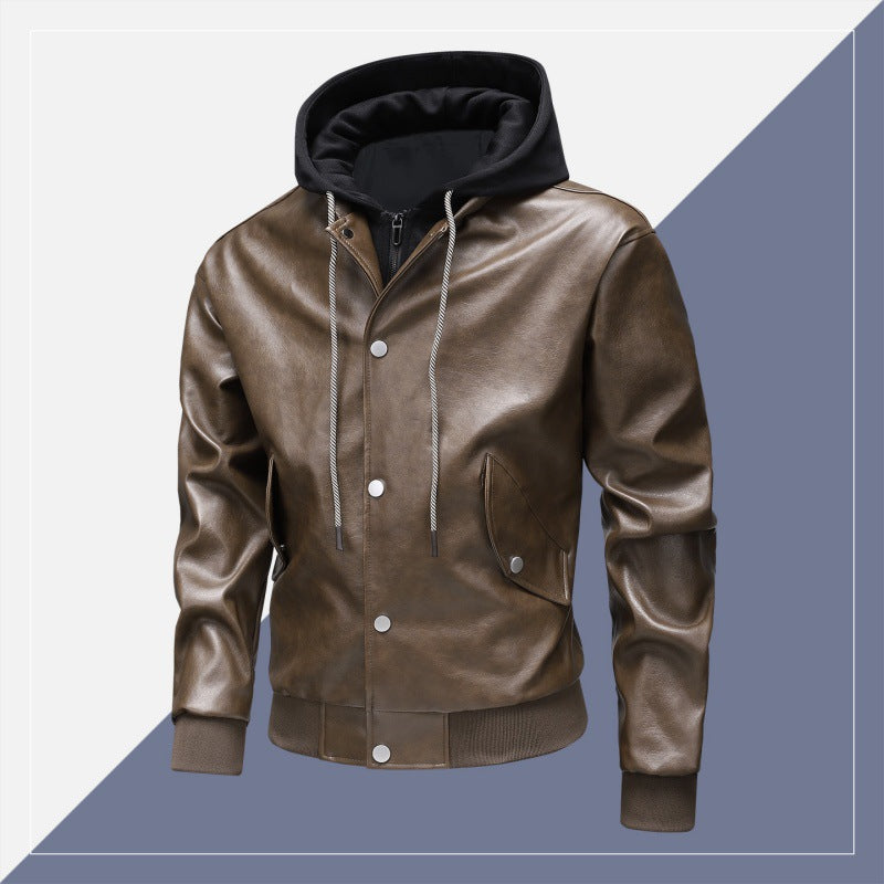 Men's leather bomber jacket with integrated hood insert and ribbed cuffs Shop Velvia