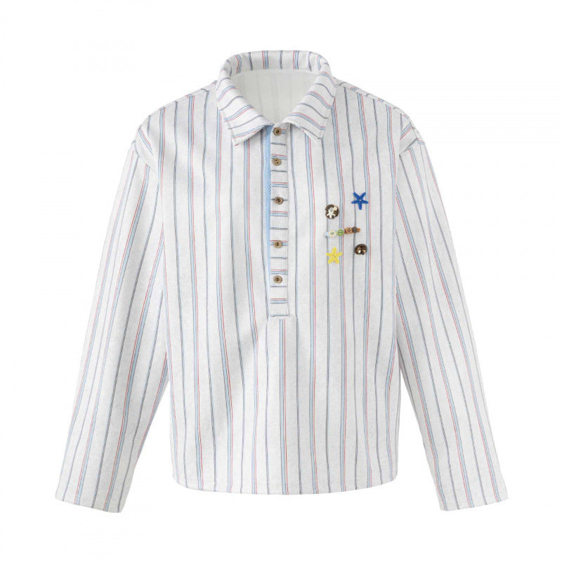 Unisex Striped Overshirt with Henley Button Placket and Decorative Pin Details Shop Velvia
