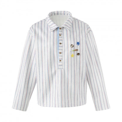 Unisex Striped Overshirt with Henley Button Placket and Decorative Pin Details Shop Velvia