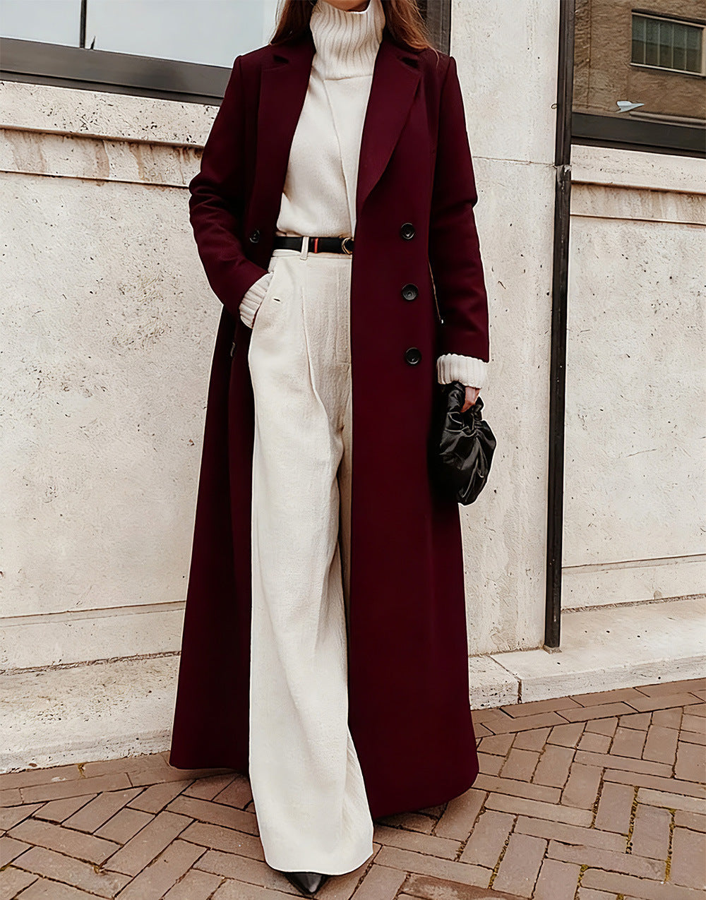 Women Elegant Wool Coat with Double Button Placket and Deep Pockets Shop Velvia