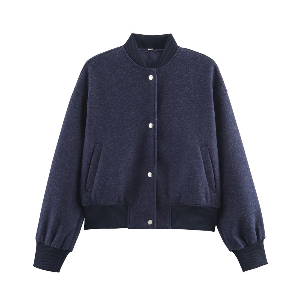 Ladies short boxy bomber jacket with ribbed collar, snap button closure, and pockets Shop Velvia