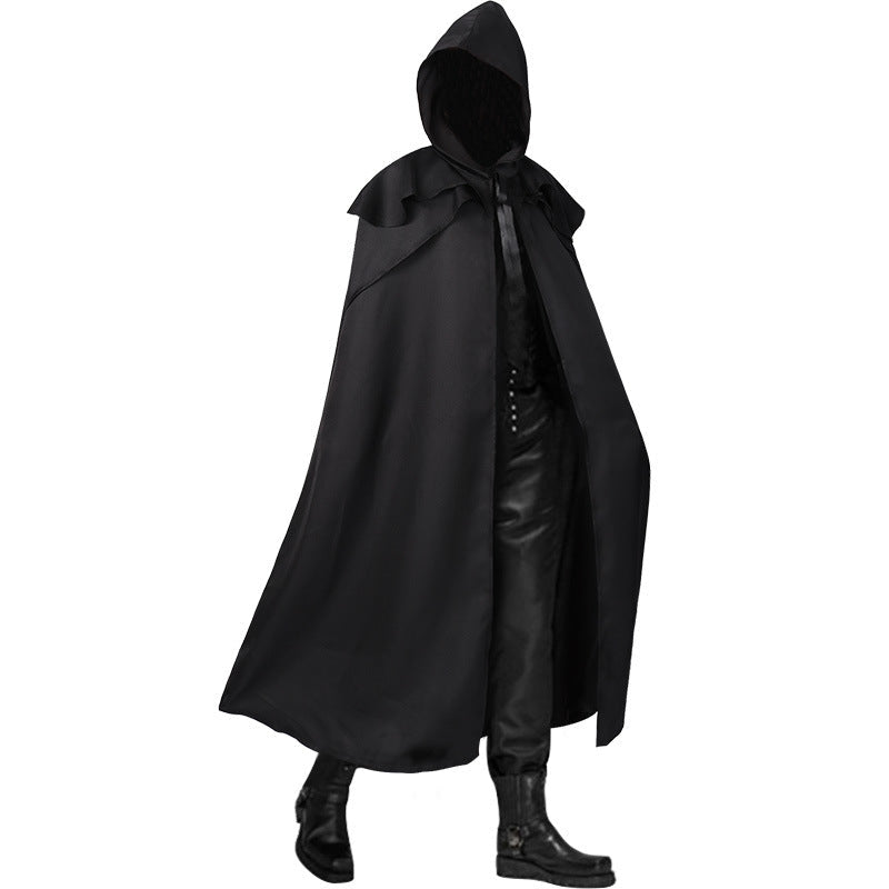 Unisex long hooded cloak with wide drape, detachable shoulder cape and concealed tying system Shop Velvia