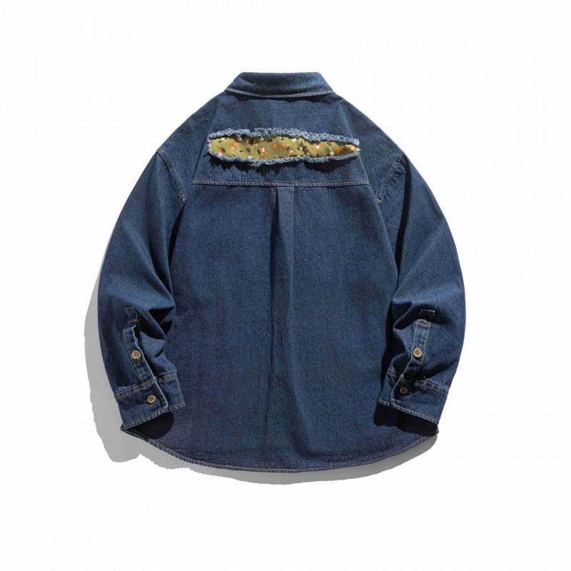 Unisex Boxy Denim Shirt Jacket with Decorative Destroy Applications and Oversized Silhouette Shop Velvia