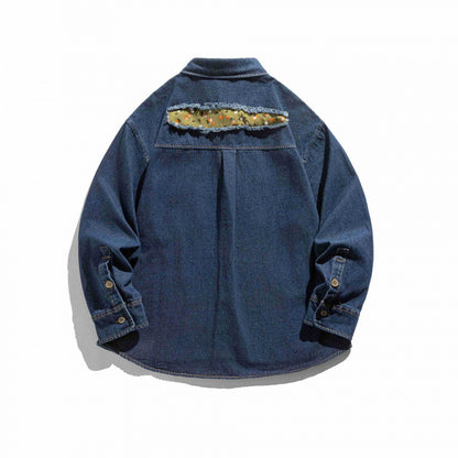 Unisex Boxy Denim Shirt Jacket with Decorative Destroy Applications and Oversized Silhouette Shop Velvia