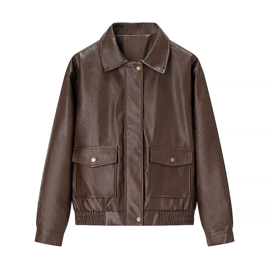 Women's Boxy Faux Leather Pilot Jacket with Flap Pockets and Elastic Hem Shop Velvia