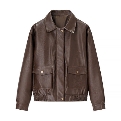 Women's Boxy Faux Leather Pilot Jacket with Flap Pockets and Elastic Hem Shop Velvia