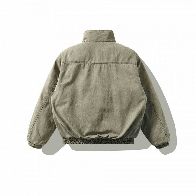 Unisex Loose-Fitting Canvas Utility Jacket with Standing Collar, Flap Pockets and Elastic Hem Shop Velvia