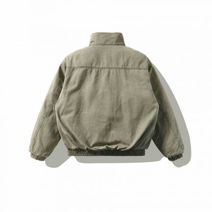 Unisex Loose-Fitting Canvas Utility Jacket with Standing Collar, Flap Pockets and Elastic Hem Shop Velvia
