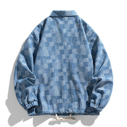 Men's oversized checkered denim jacket with snap buttons, flap pockets, and drawstring Shop Velvia