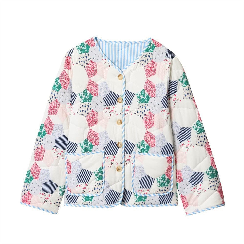 Women's Quilted Short Jacket in Patchwork Quilt Look with Button Placket and Patch Pockets Shop Velvia