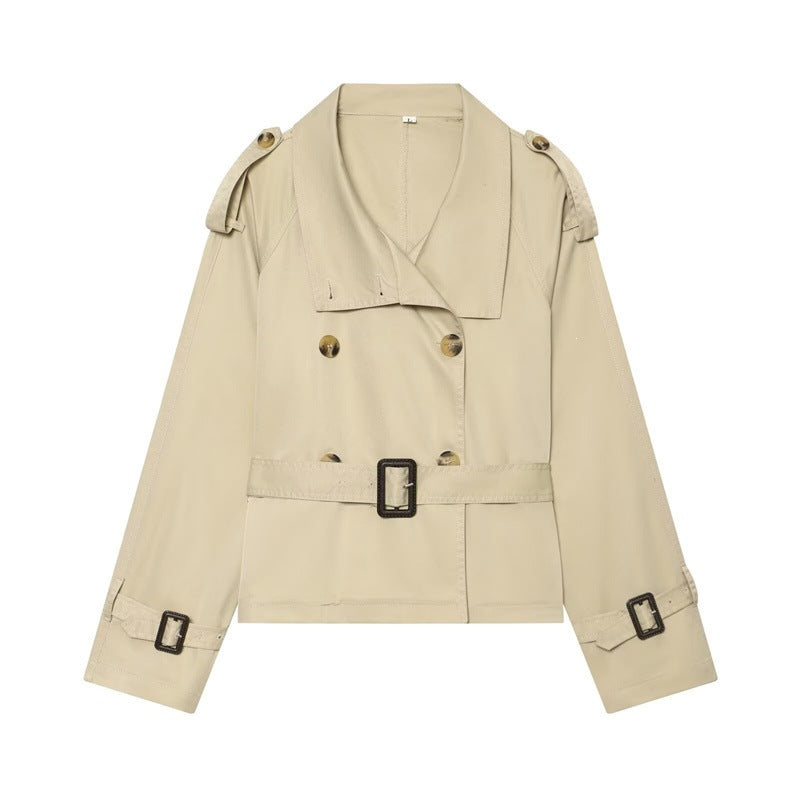 Women Short Boxy Trench with Double Breasted, Waist Belt and Shoulder Tabs Shop Velvia