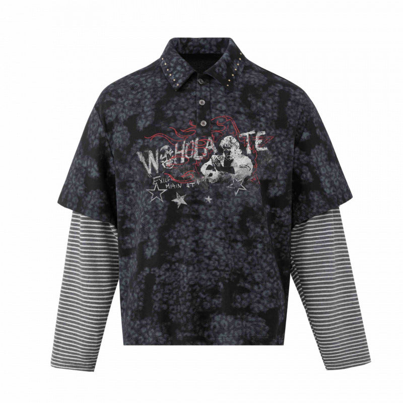 Unisex Layered Look Polo Shirt with Studded Collar, Graphic Print and Striped Sleeves Shop Velvia