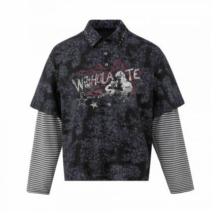 Unisex Layered Look Polo Shirt with Studded Collar, Graphic Print and Striped Sleeves Shop Velvia