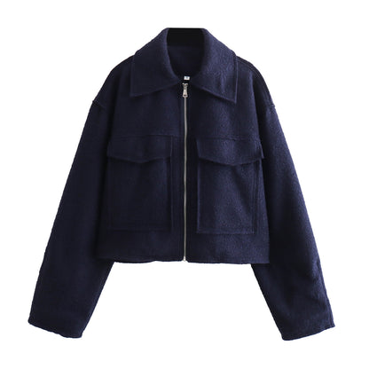 Women Short Boucle Jacket in Boxy Cut with Zip and Flap Pockets Shop Velvia