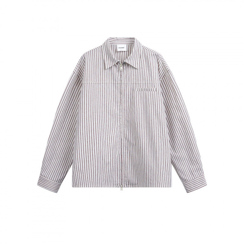 Women Striped Oversized Shirt Jacket with Concealed Zipper and Chest Pocket Shop Velvia