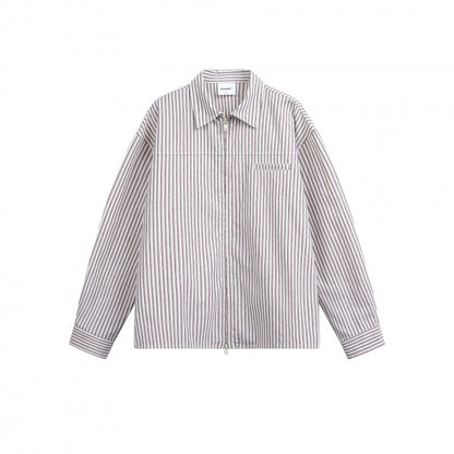 Women Striped Oversized Shirt Jacket with Concealed Zipper and Chest Pocket Shop Velvia