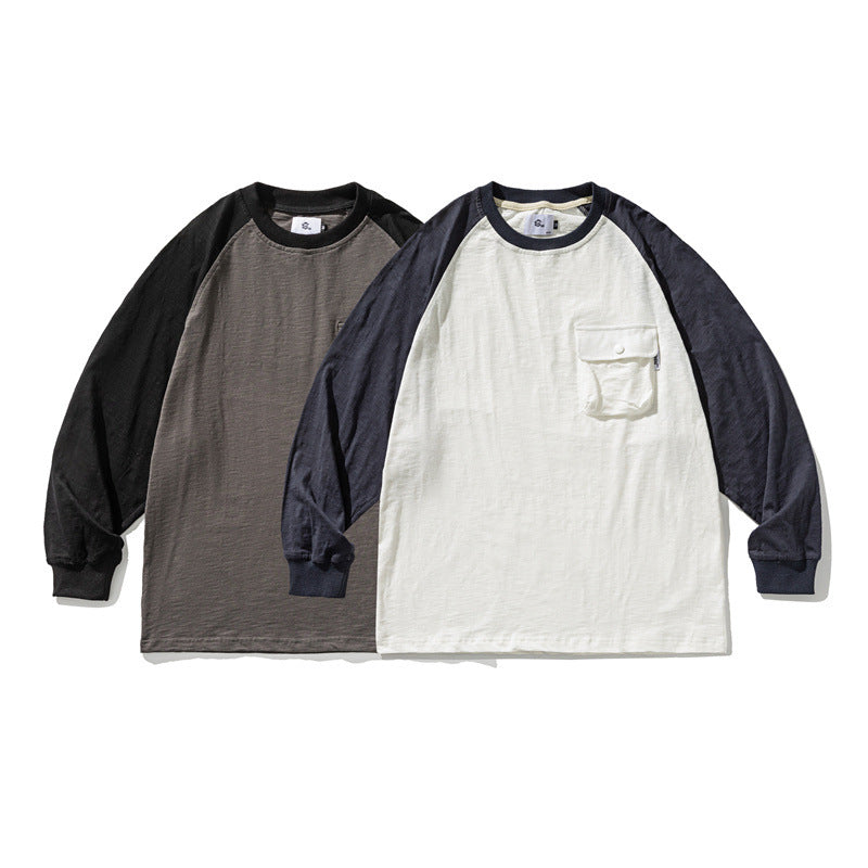 Unisex Casual Raglan Long Sleeve with Contrast Sleeves and Patch Pocket Shop Velvia
