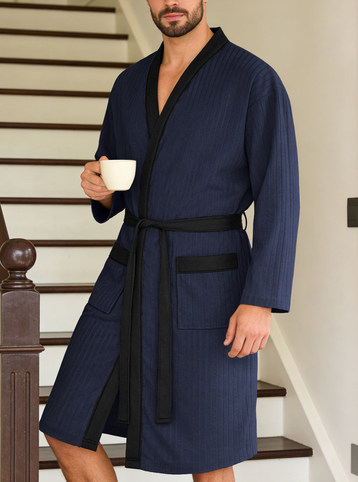 Men's lightweight cotton kimono bathrobe with waffle texture and patch pockets Shop Velvia