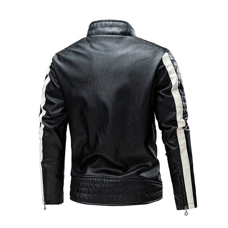 Men's Quilted Biker Jacket made of Faux Leather with Contrast Stripes and Stand-Up Collar Shop Velvia